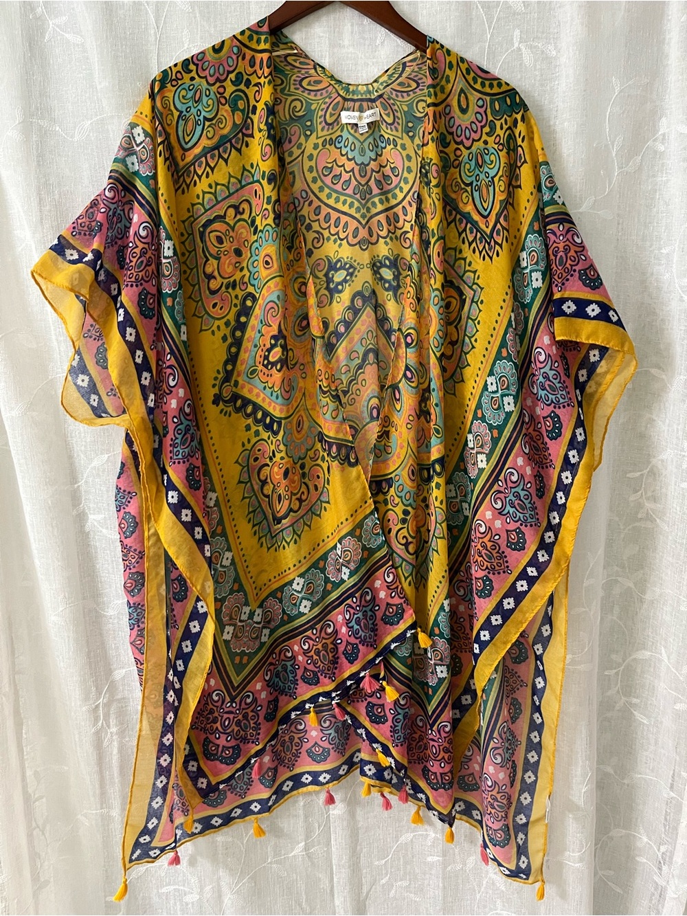 Boho Printed Kimono Cover-Up in Mustard & Pink